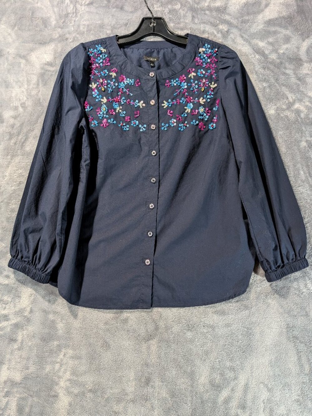 Floral Beaded & Sequin Embroidered Cotton Blouse Small Navy Blue - Talbots